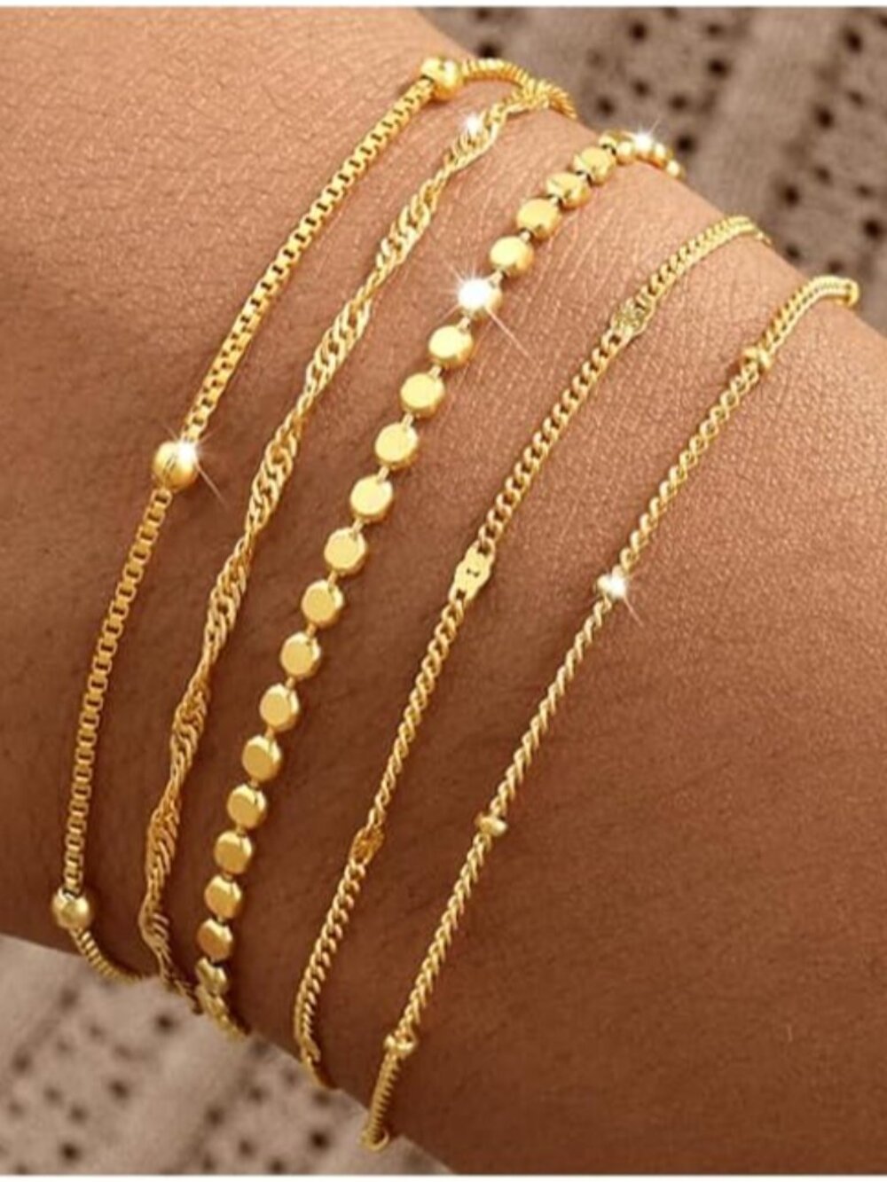 Fashionable 14K Gold Plated Layered Bracelets for Women - 5-Piece Durability Set